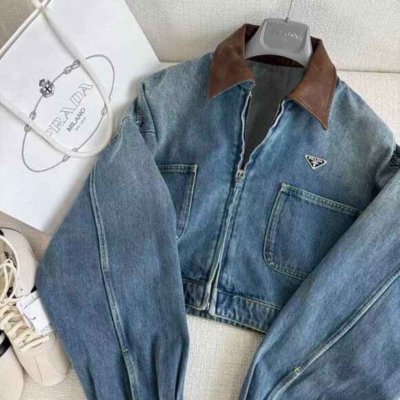 Jackets & Blazers - Prada Denim Jacket with Brown Collar